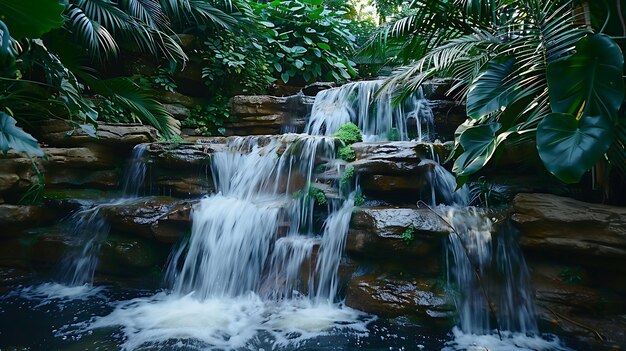 El exuberante follaje verde rodea una cascada que crea una atmósfera pacífica y serena