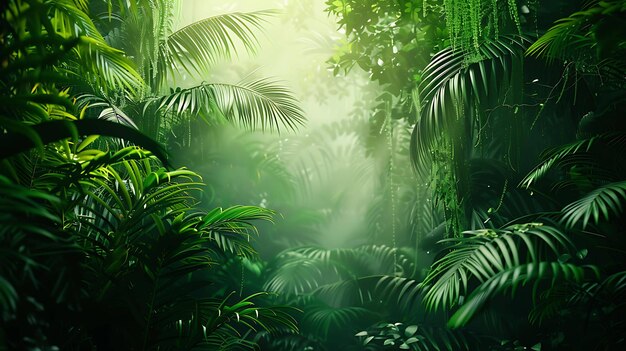 Foto el exuberante follaje verde de una selva tropical con la luz del sol atravesando el dosel