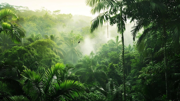 Foto el exuberante follaje verde de una selva tropical con niebla matutina la vibrante vegetación verde crea un denso dosel