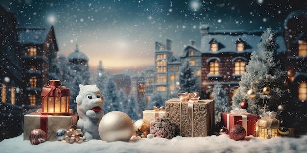 Exuberante fondo de pantalla con imágenes publicitarias navideñas con hermosos adornos navideños y espaciado de texto