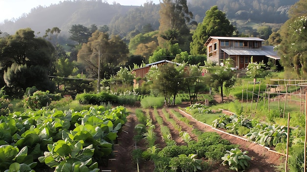 Foto una exuberante granja verde con una pequeña casa en el fondo la granja está llena de varios cultivos