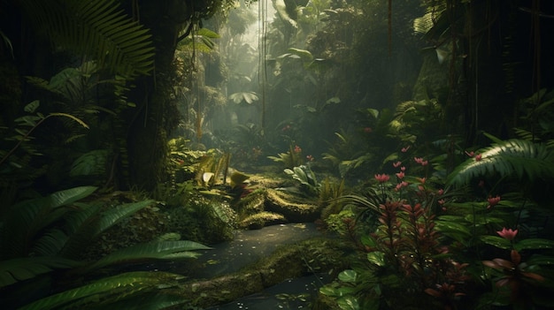 Exuberante y hermosa selva tropical repleta de plantas exóticas Arte generado por Ai