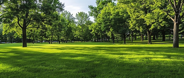 La exuberante hierba verde y los árboles en un tranquilo parque