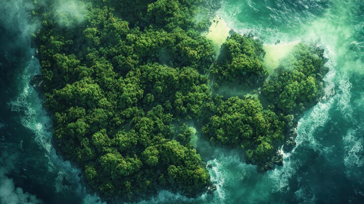 Una exuberante isla tropical rodeada de olas oceánicas