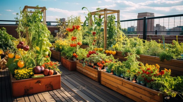 Un exuberante jardín en la azotea lleno de una variedad de verduras y vegetación