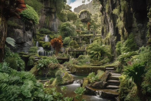 Exuberante jardín con cascadas y arroyos rodeados de imponentes acantilados