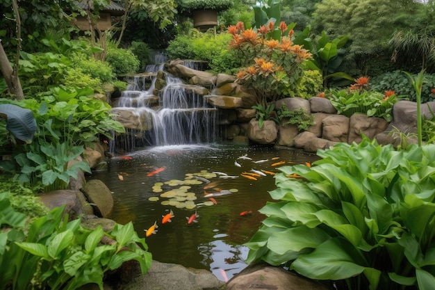 Exuberante jardín con cascadas y peces nadando