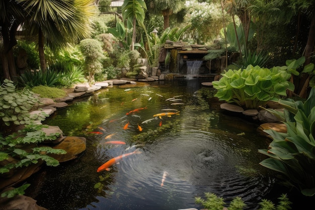 Exuberante jardín con fuente de agua y peces koi nadando en piscinas