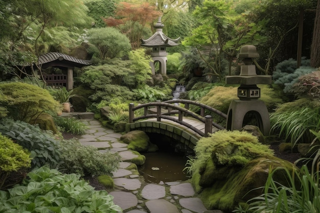 Exuberante jardín con fuente de agua que incluye un puente y faroles de piedra