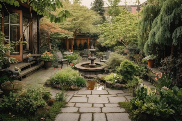 Un exuberante jardín con un patio de piedra y fuente de agua