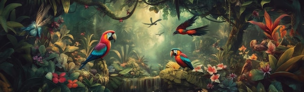 Una exuberante jungla tropical con coloridas aves y flores. Banner horizontal generado por IA.