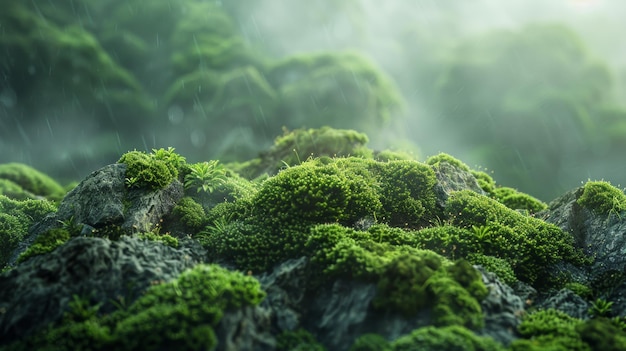 El exuberante musgo verde que crece en las rocas de un bosque de niebla