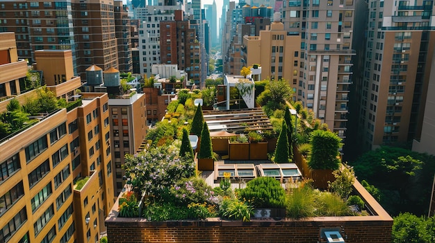 Un exuberante oasis de jardín en la azotea en medio de una ciudad concurrida