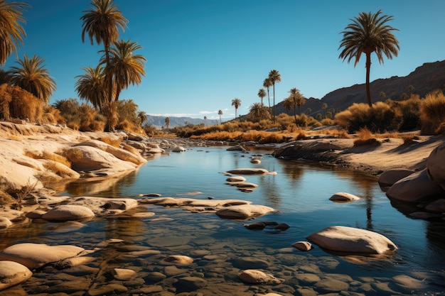 Exuberante oasis con palmeras en el desierto generativo IA