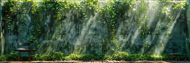 Exuberante pared de hiedra verde con texturas de madera hermoso diseño de jardín al aire libre