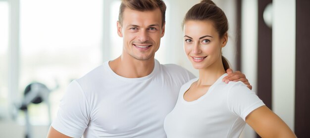 Foto exuberante pareja de gimnasio flexionando los músculos colores vibrantes fondo borroso con espacio de copia para el texto