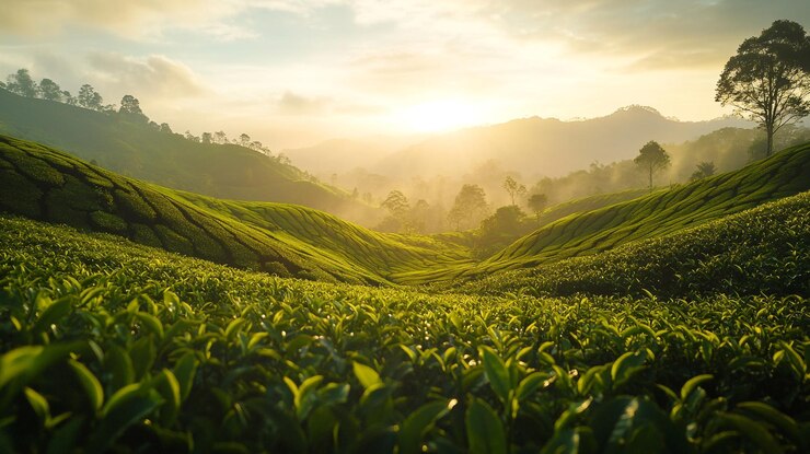 Exuberante plantación de té verde al amanecer en las colinas de Munnar