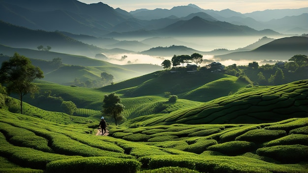 Exuberante plantación de té verde en las montañas Generativo Ai