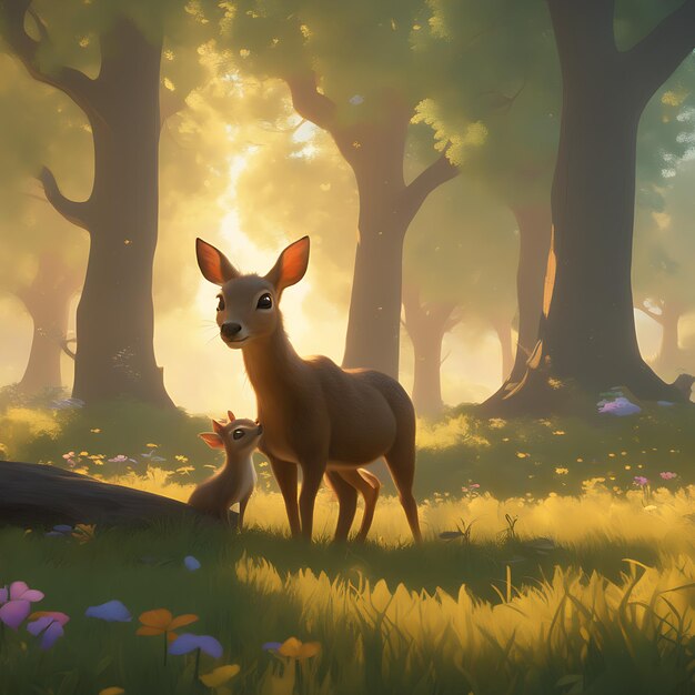 En una exuberante pradera iluminada por el sol, un ciervo curioso y una ardilla alegre exploran. De día el ciervo es inquisitivo.