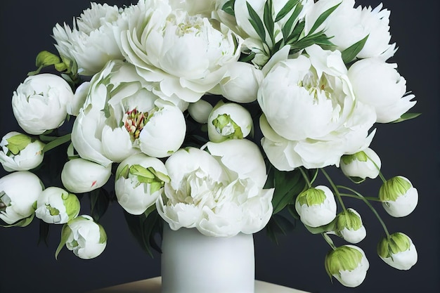 Exuberante ramo de flores de peón blanco con capullos en jarrón blanco sobre la mesa