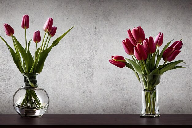 Exuberante ramo de tulipanes de pie en jarrón de cristal sobre la mesa