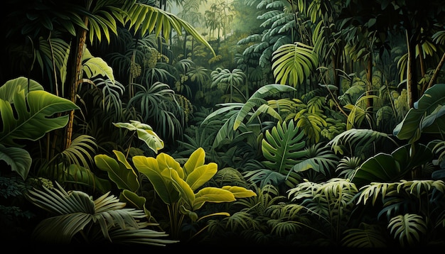 Exuberante selva tropical, un paisaje verde de plantas y árboles generado por inteligencia artificial.