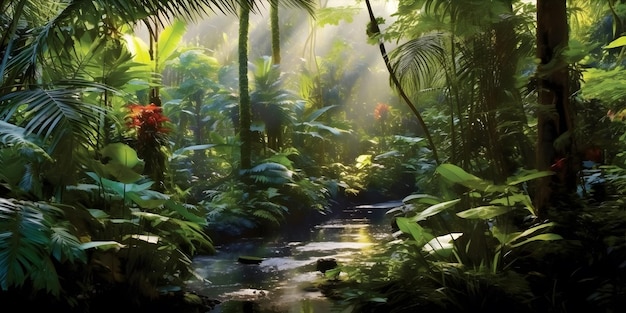 Una exuberante selva tropical rebosante de un derroche de colores y texturas Altísimas palmeras alcanzan el cielo ai generativo