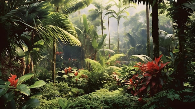 Una exuberante selva tropical rebosante de un derroche de colores y texturas Altísimas palmeras alcanzan el cielo ai generativo