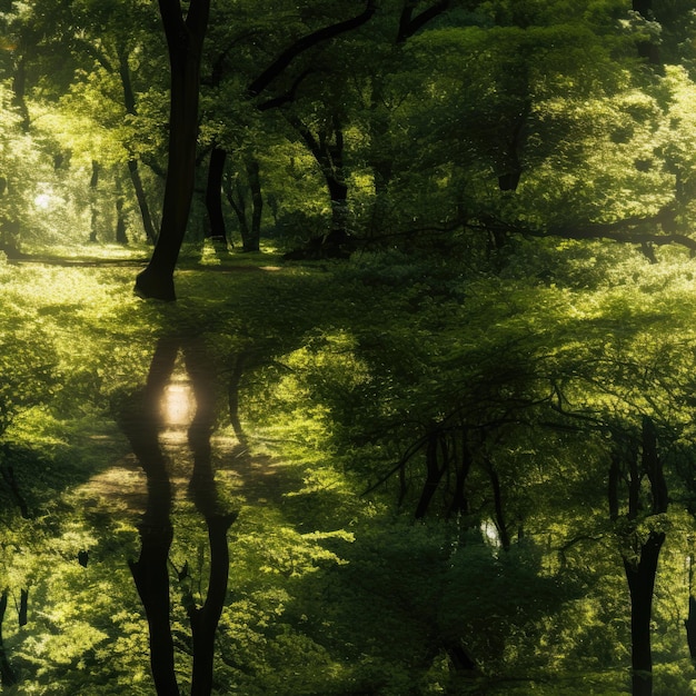 Foto exuberante sendero forestal verde con luz solar fluyendo a través de