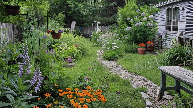 Un exuberante sendero del jardín serpentea a través de una profusión de coloridas flores y plantas verdes