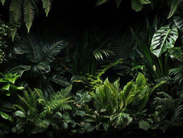 La exuberante vegetación de un jardín de selva tropical con varias plantas como los helechos Generative Ai