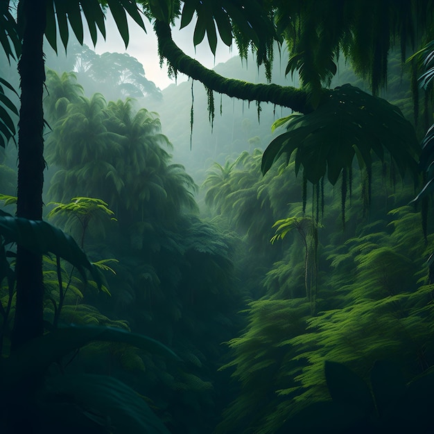 Una exuberante y vibrante jungla tropical de color verde oscuro con un espeso dosel de árboles y una sensación de exploración.