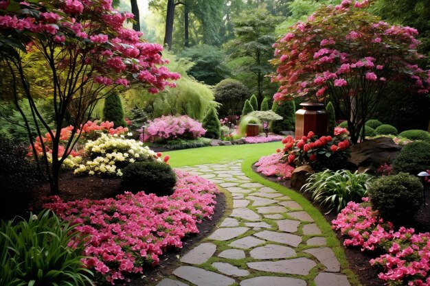 Foto exuberantes camas de flores caminos en el patio trasero generar ai