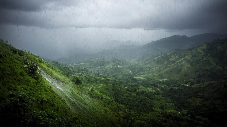 Exuberantes colinas y valles verdes durante una fuerte lluvia