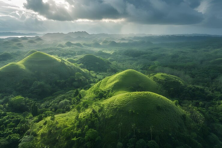 Exuberantes colinas verdes bajo un cielo espectacular Una vista panorámica desde el aire