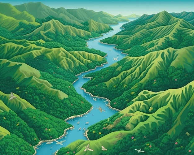 Exuberantes colinas verdes respaldadas por agua azul IA generativa