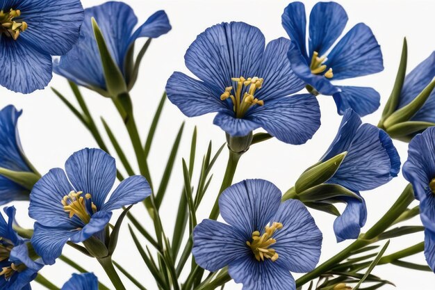 Exuberantes flores de lino azul sobre un fondo blanco