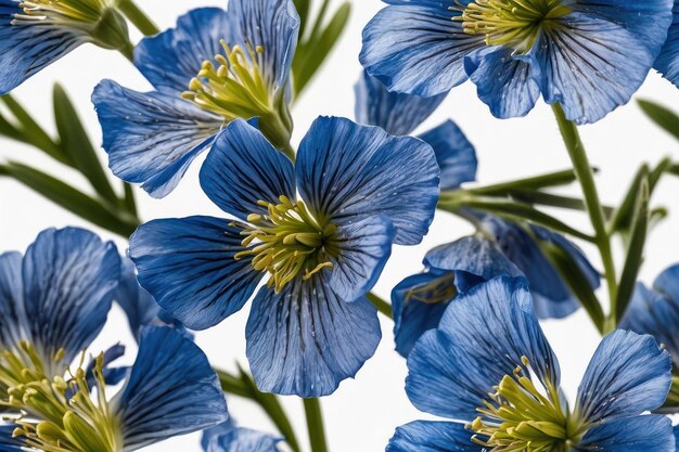 Exuberantes flores de lino azul sobre un fondo blanco