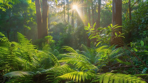 Los exuberantes helechos verdes crean un denso sotobosque en este hermoso bosque los rayos del sol se filtran a través de los árboles altos creando una atmósfera mágica