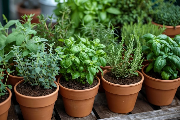 Exuberantes hierbas aromáticas en macetas generan Ai