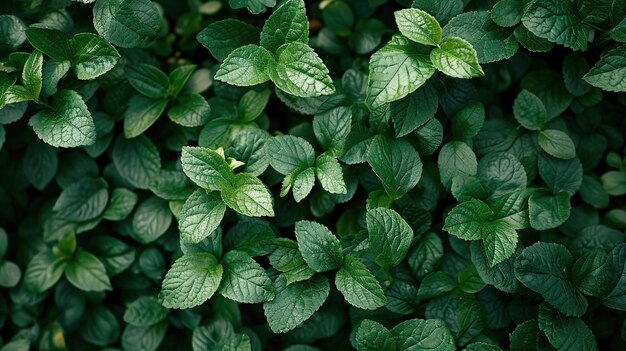 Las exuberantes hojas de menta llenan el marco con una vegetación vibrante que significa frescura y sabor natural