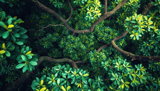 Las exuberantes hojas verdes tropicales forman un denso dosel del bosque