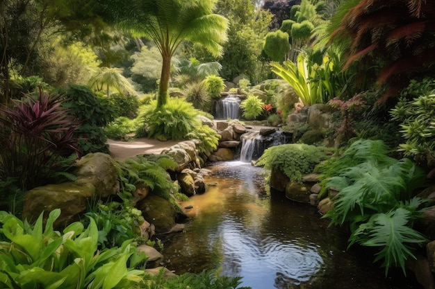 Exuberantes paisajes de jardines con cascadas y arroyos rodeados de vegetación