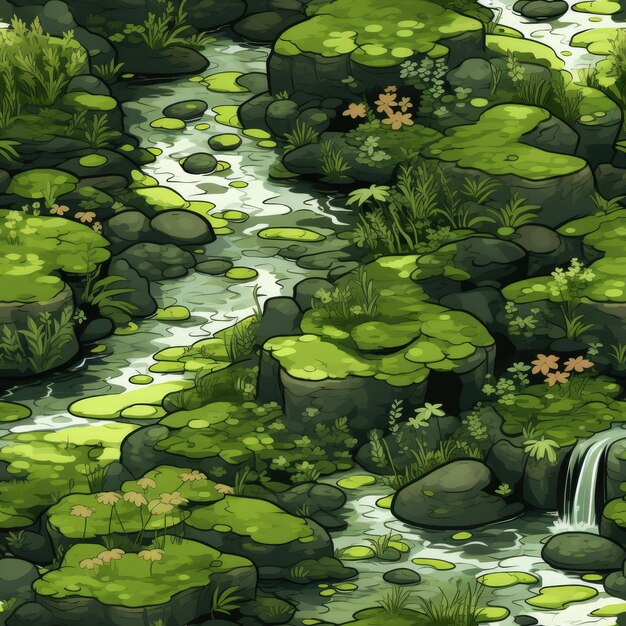 Exuberantes piedras cubiertas de musgo en el arroyo del bosque