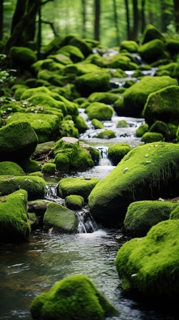 Exuberantes piedras cubiertas de musgo en el fondo de pantalla de un arroyo forestal para el teléfono