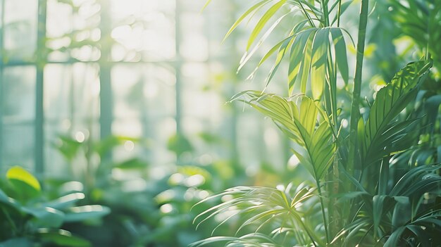 Foto las exuberantes plantas verdes disfrutan de la suave luz del sol que se filtra a través de un invernadero de vidrio invocando una serenidad