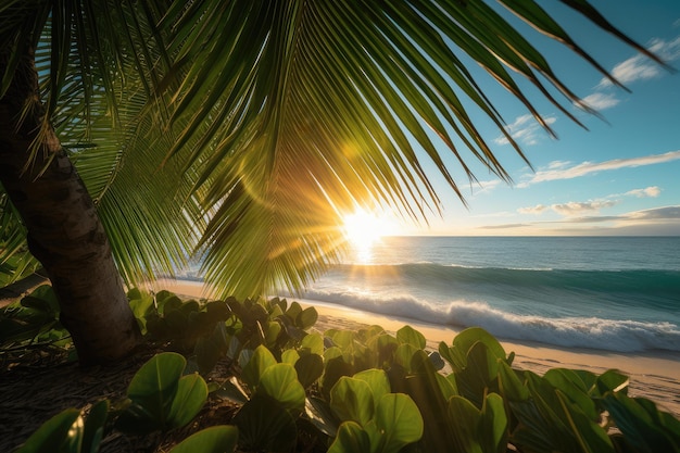 Exuberantes rayos de sol de verano atraviesan palmeras en la playa generativa IA