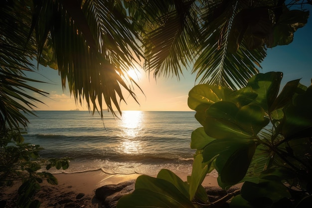 Los exuberantes rayos del sol de verano atraviesan las palmeras en la playa generativa IA