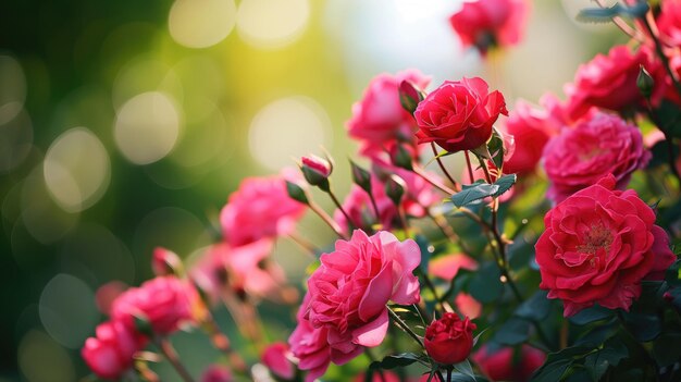 Exuberantes rosas rosadas floreciendo bajo la suave luz del sol