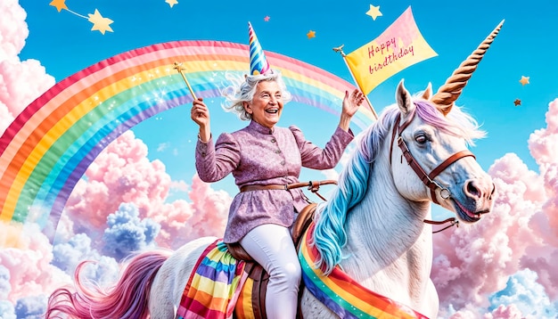 Exzentrische ältere Frau reitet auf einem Einhorn über den Regenbogen Himmel Großmutter Geburtstag